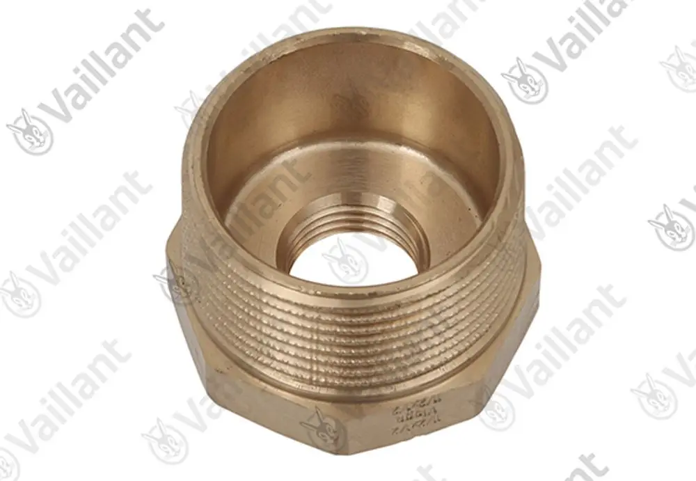 Brass reduction fitting von Vaillant mit Innen- und Außengewinde, geeignet für die Verbindung in Heizungs- oder Rohrleitungssystemen.